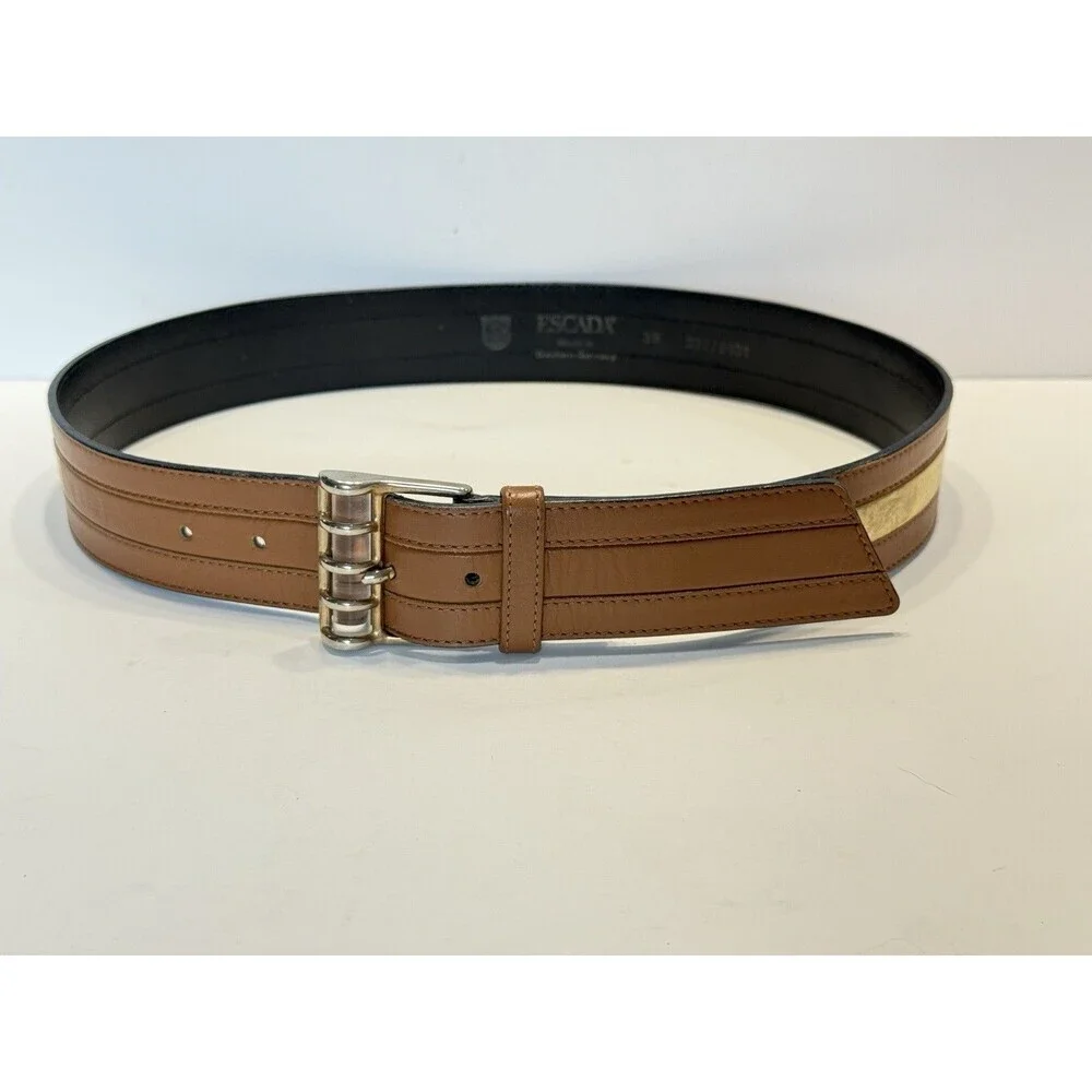 Escada Vintage Retro Leather Wide Belt Gold Brown Buckle Made in Germany 38 - Picture 2 of 14